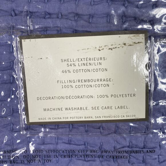 Pottery Barn Pick-Stitch Handcrafted Cotton Linen Quilted Pillow Std Sham Blue - Picture 4 of 14